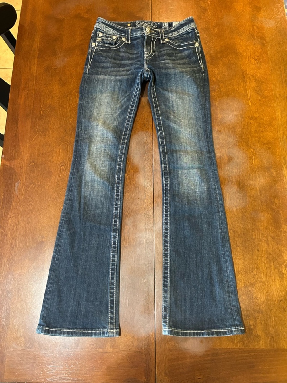 Miss Me Girls Bootcut Jeans Blue Size 14 Embroidered Pockets Denim Dark Wash